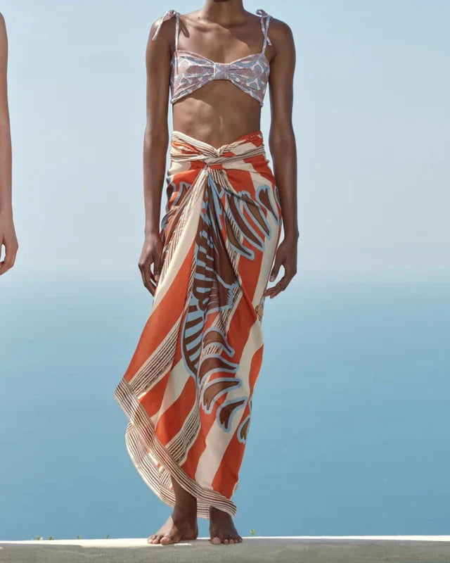 De la Flaise Sarong Cotton Silk in Orange Ornament Stripes, from Juan D Dios