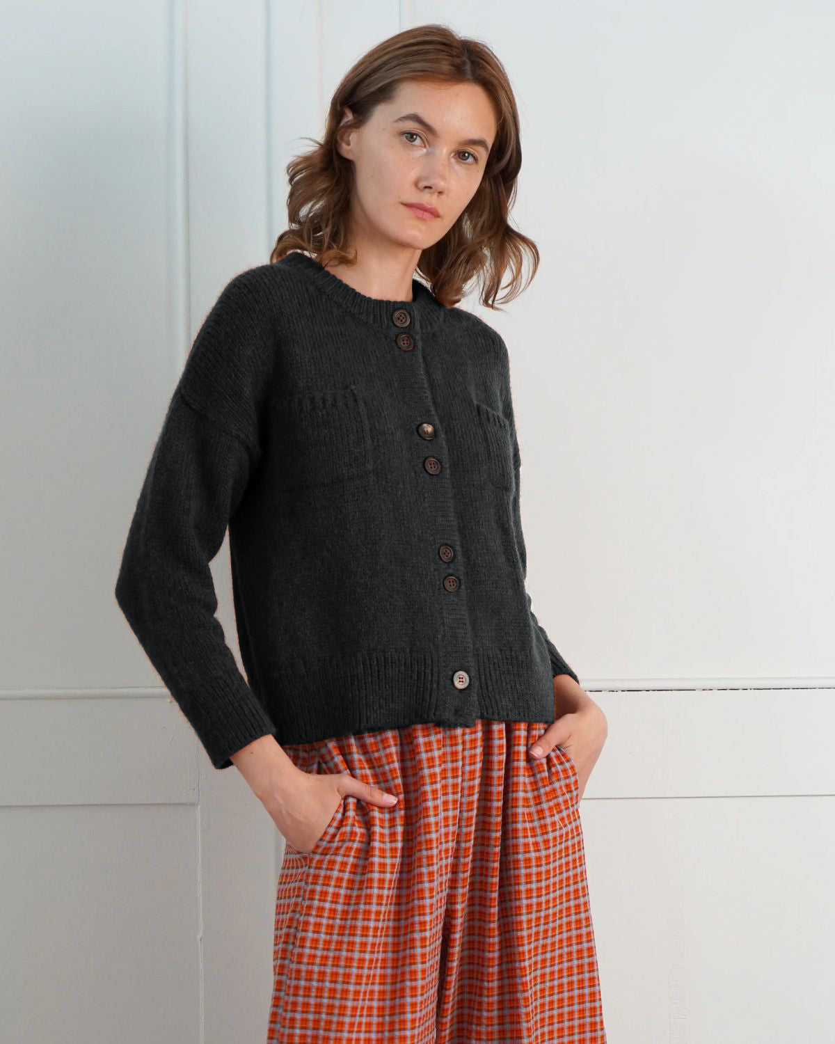 Double Button Cardigan in Charcoal, from Proche