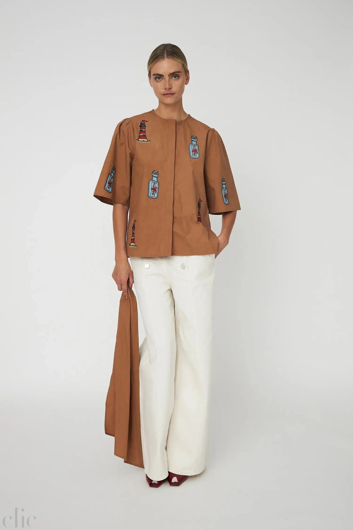 Embroidered Bow Shirt in Brown, from Stella Nova