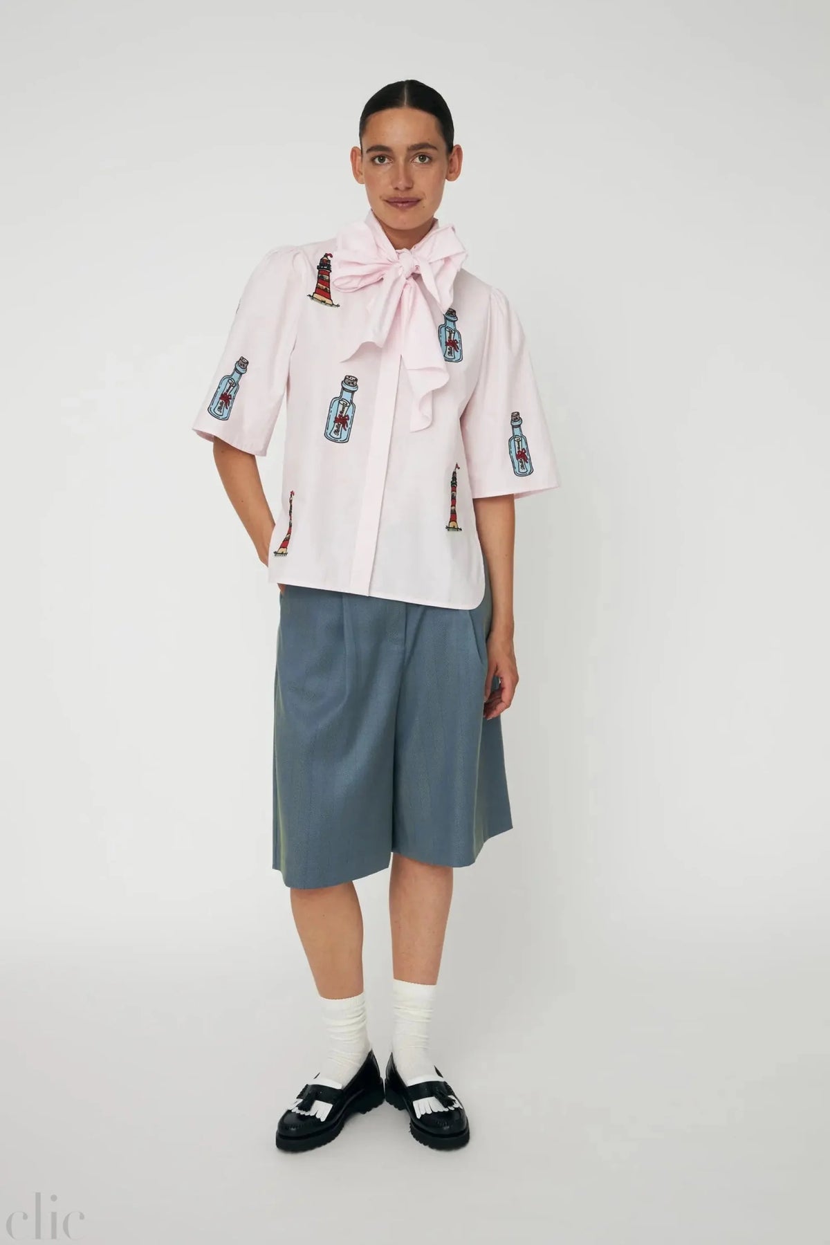 Embroidered Bow Shirt in Pale Pink, from Stella Nova