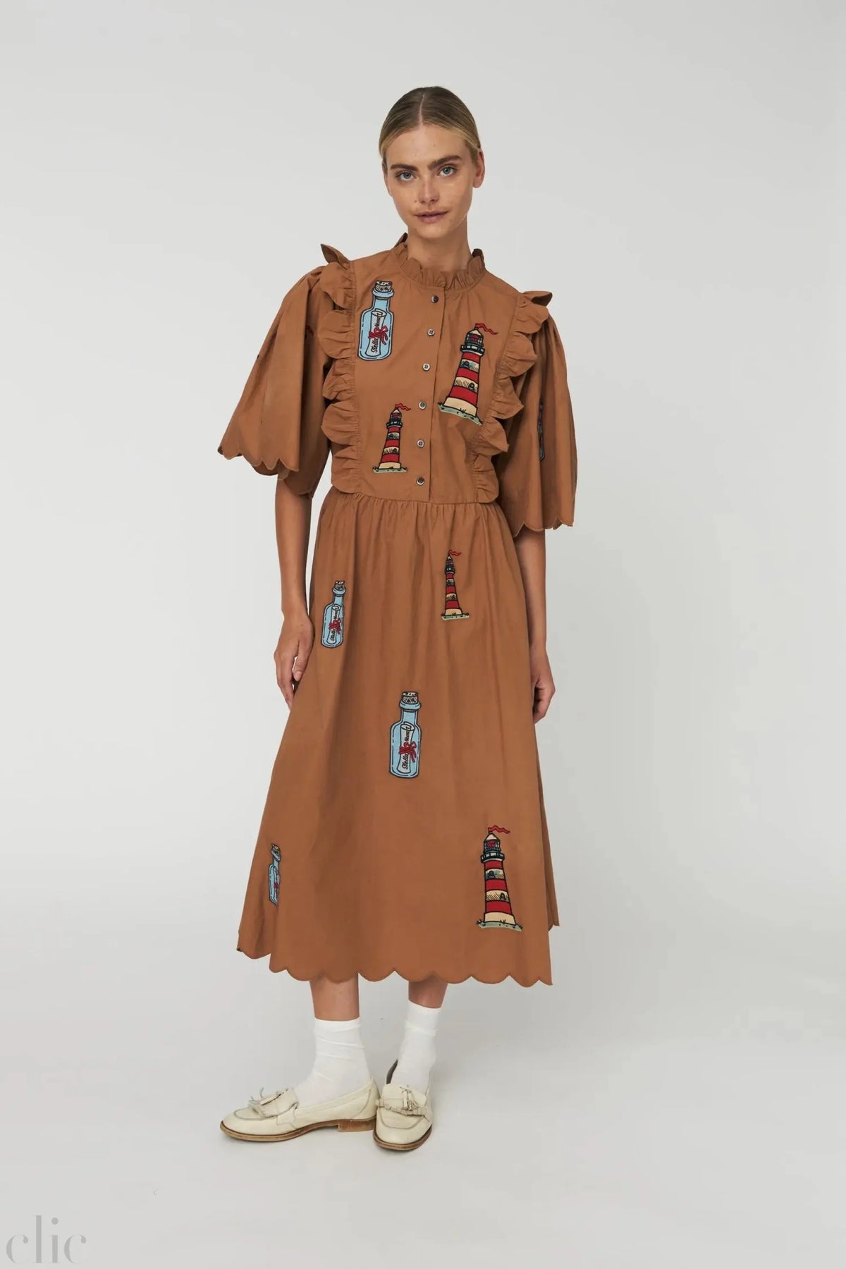 Embroidered Midi Dress with Scallops in Brown, from Stella Nova