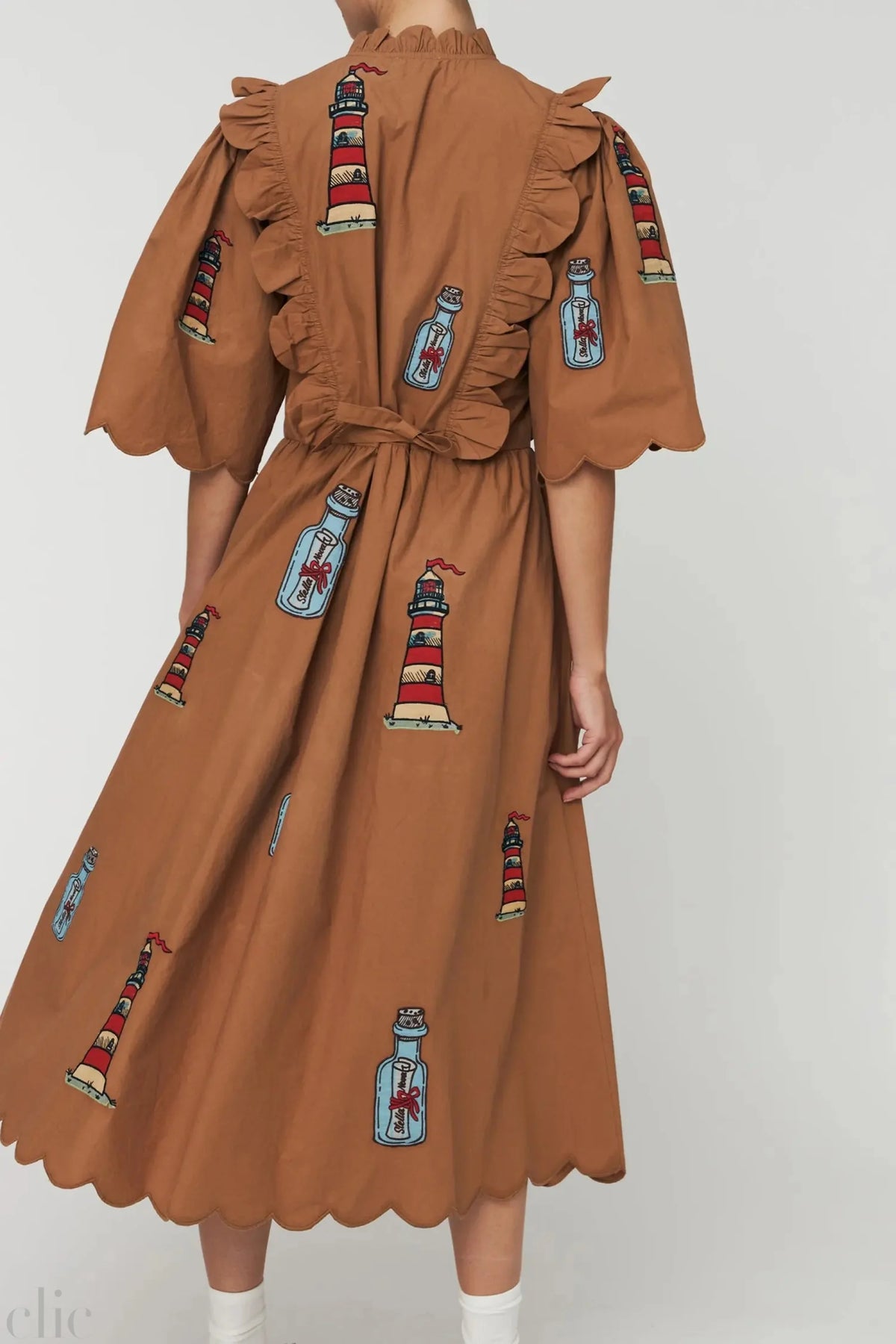 Embroidered Midi Dress with Scallops in Brown, from Stella Nova