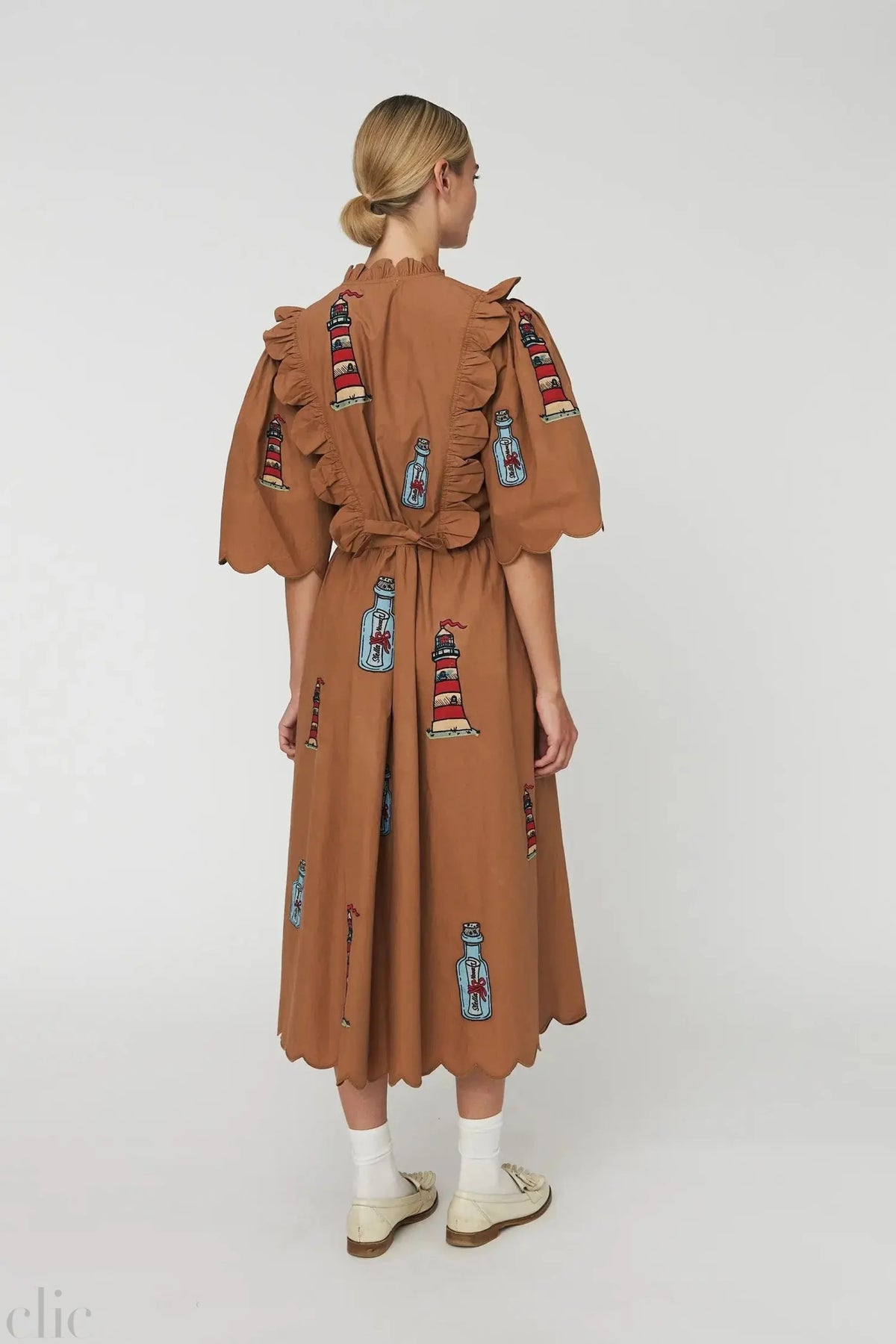 Embroidered Midi Dress with Scallops in Brown, from Stella Nova