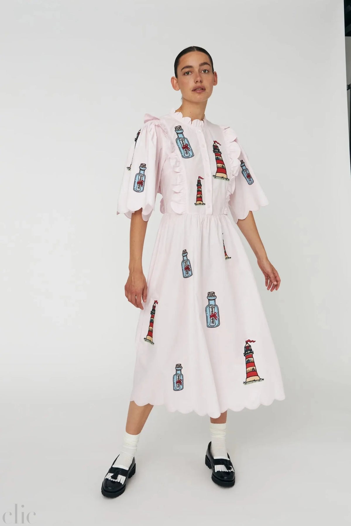 Embroidered Midi dress with Scallops in Pale Pink, from Stella Nova