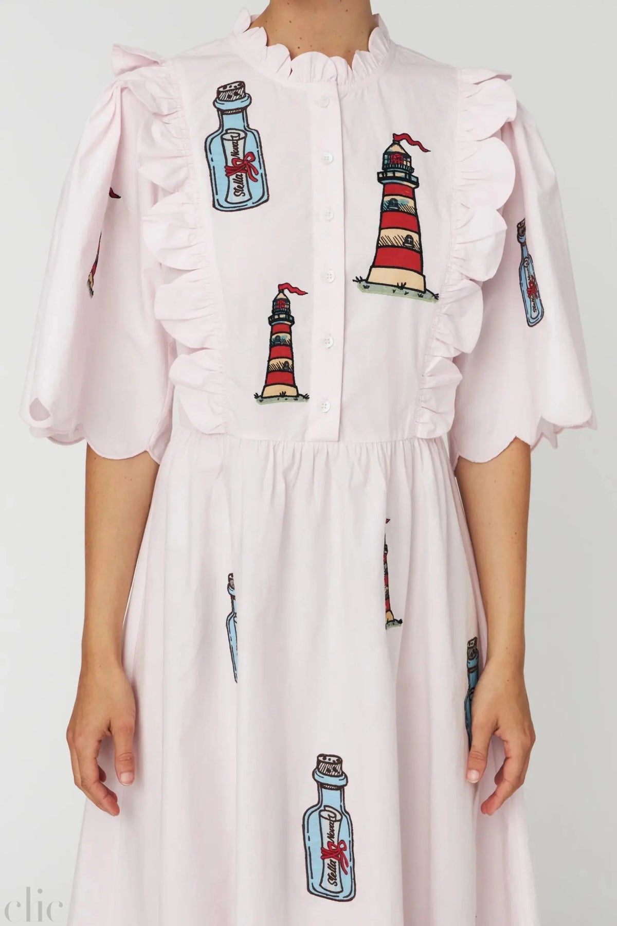 Embroidered Midi dress with Scallops in Pale Pink, from Stella Nova