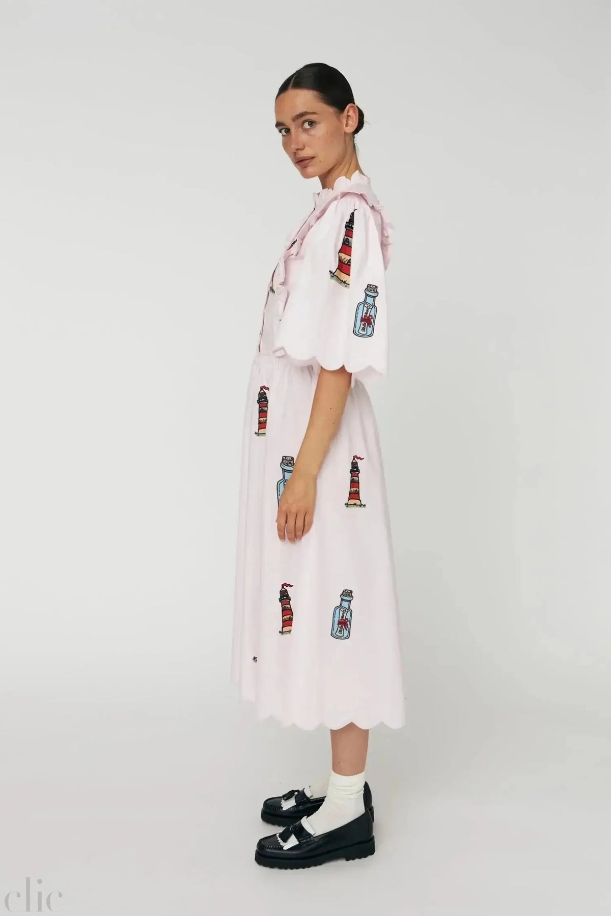 Embroidered Midi dress with Scallops in Pale Pink, from Stella Nova