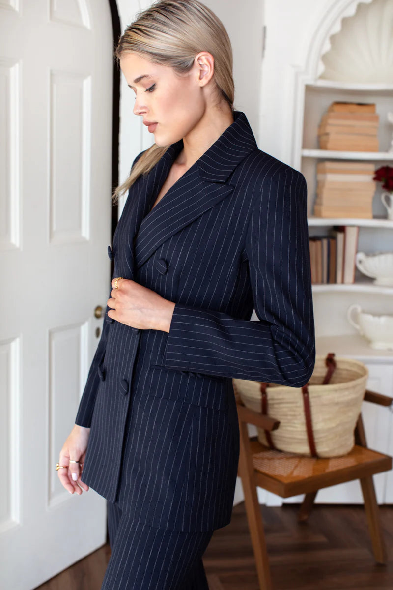 Strong Shoulder Blazer in Navy Pinstripe, from Emerson Fry