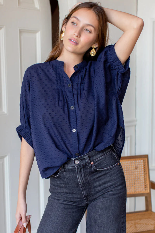 Mandarin Collar Top in Maratime Swiss Dot, from Emerson Fry