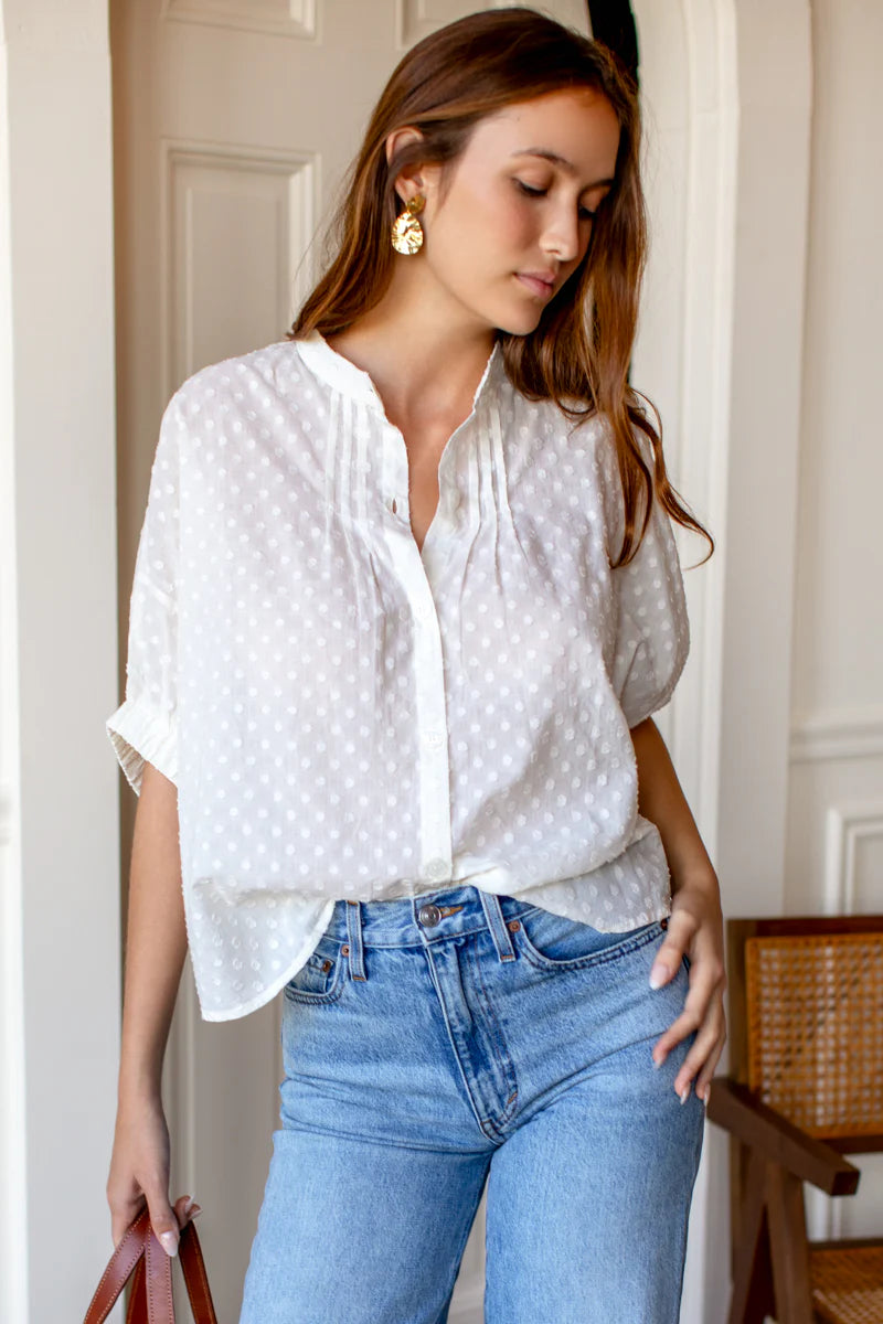 Mandarin Collar Top in Salt Swiss Dot, from Emerson Fry