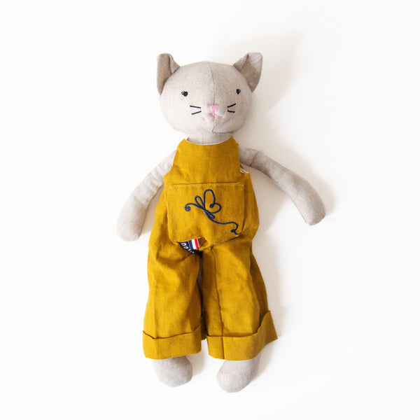 Olivette Linen Cat Plush with Overalls, from Mailou Tradition