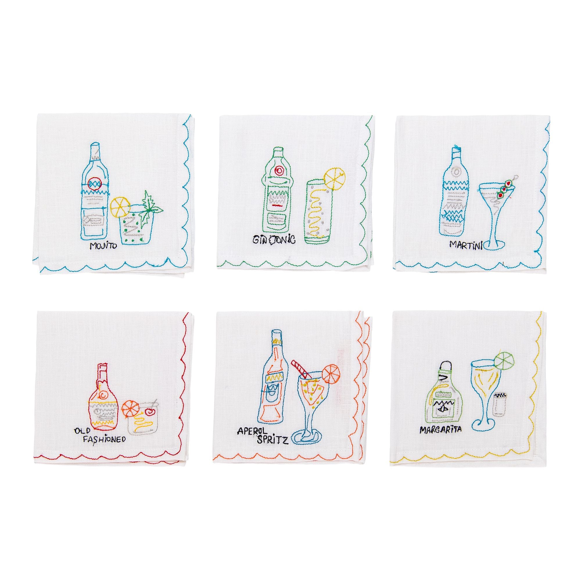 Set of 6 Mixed Drink Embroidered Linen Cocktail Napkins, from Pomegranate