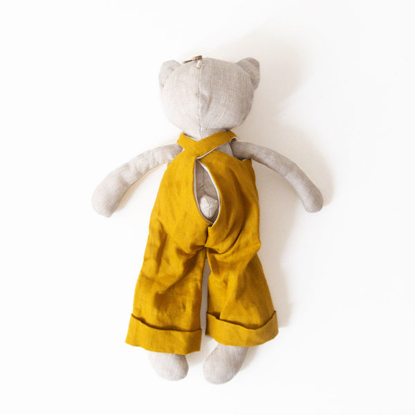 Olivette Linen Cat Plush with Overalls, from Mailou Tradition