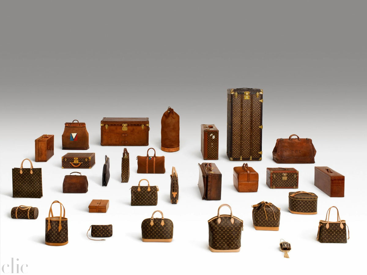 Collection of various brown leather bags and trunks on a gray background.