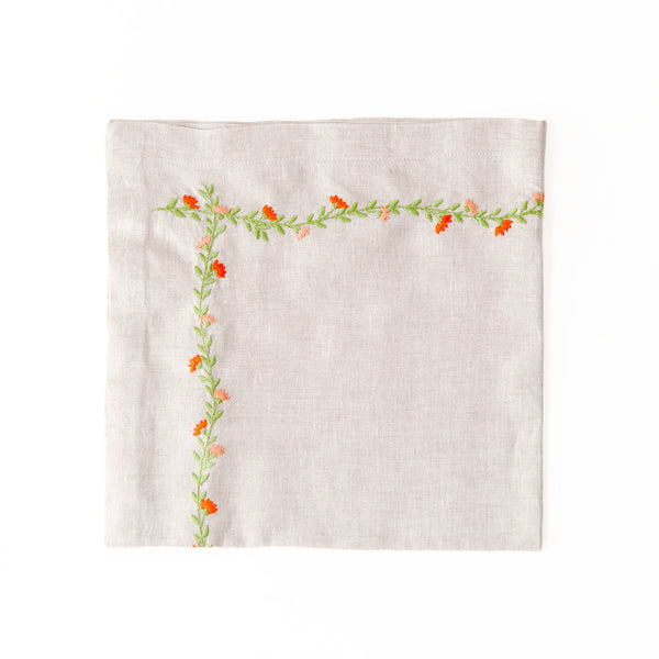 Cottage Garden Embroidered Napkin in Coral, from Deborah Rhodes