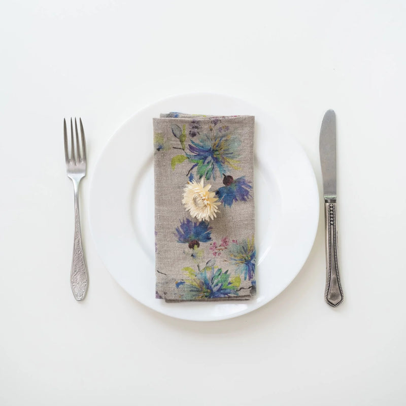 Set of 2 Flowers on Natural Linen Napkins, from Linen Tales