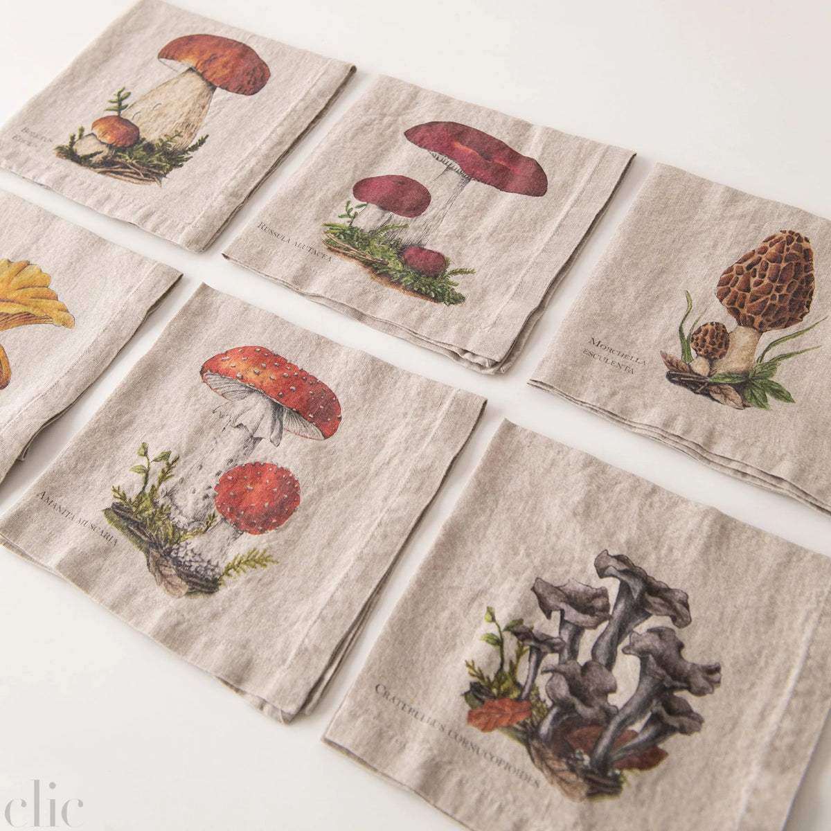 Set of 6 Forest Mushrooms Linen Napkins, from Linoroom