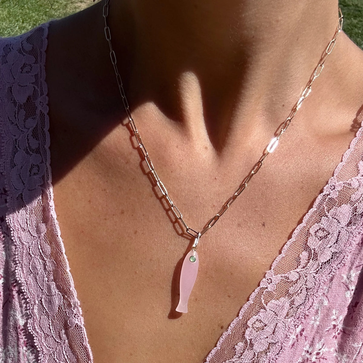 Fortuna Fish Charm in Pink Jade, from Thatch