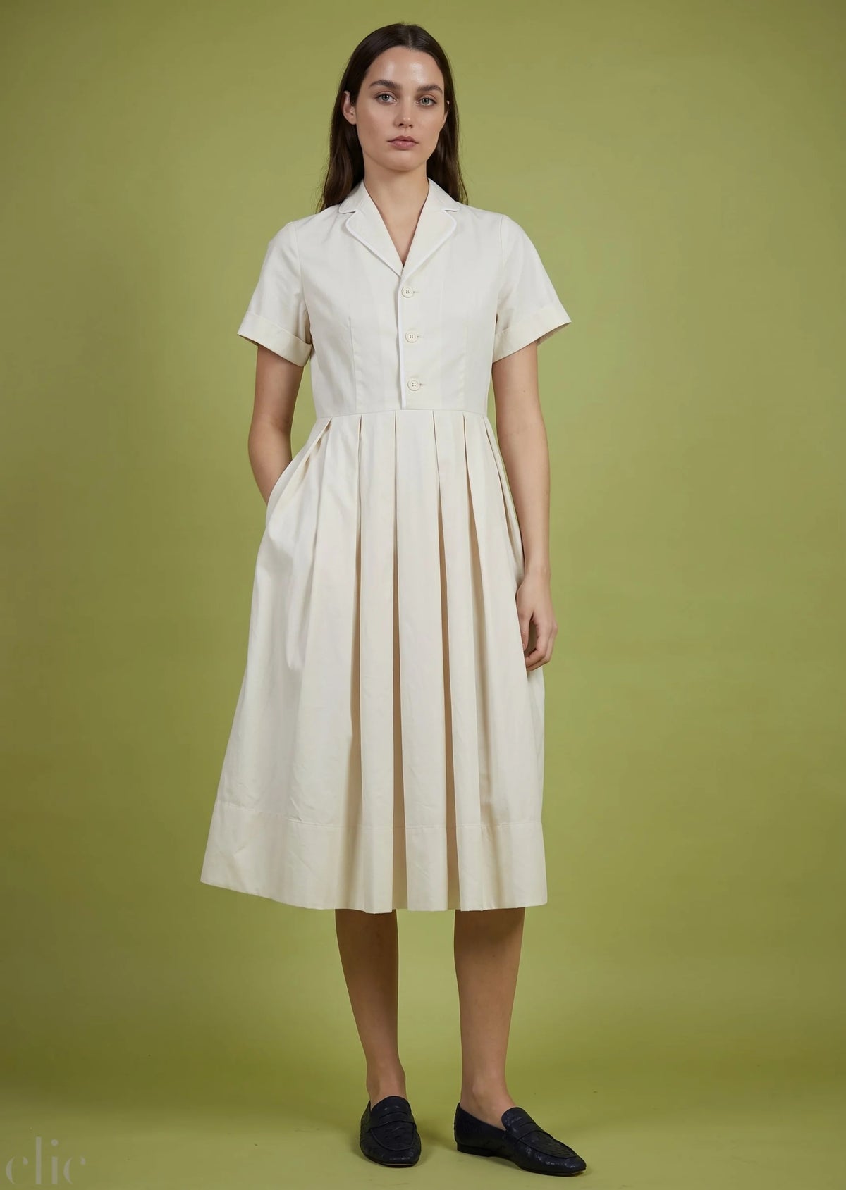 Pleated Martine Midi Dress in Natural, from Love Binetti