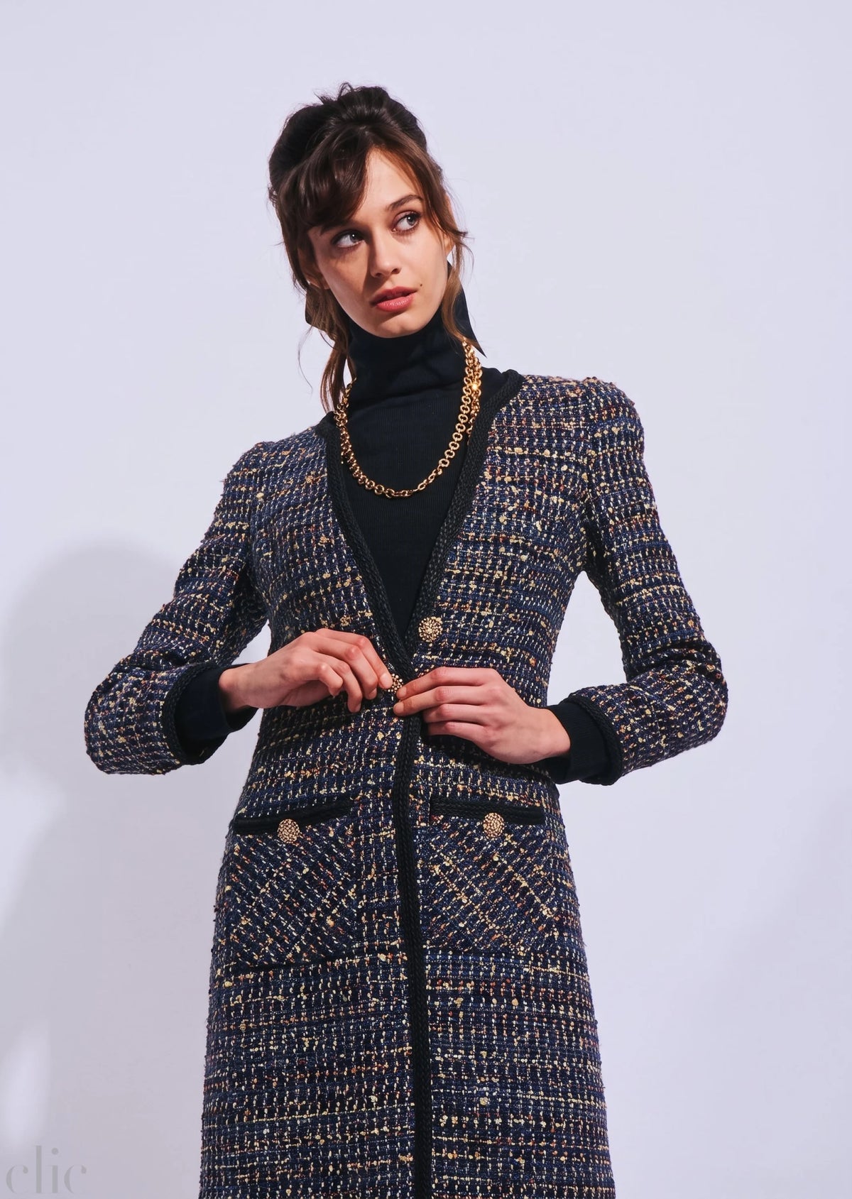 Long Metallic Tweed Coat in Navy, from Edward Achour
