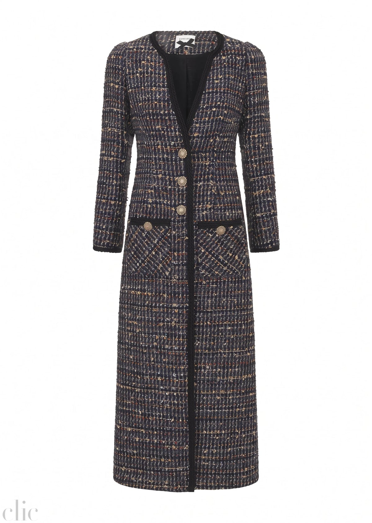Long Metallic Tweed Coat in Navy, from Edward Achour