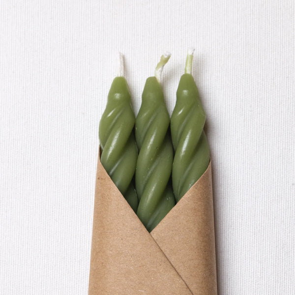 Spiral Taper Candles in Grass, from Cave Glow