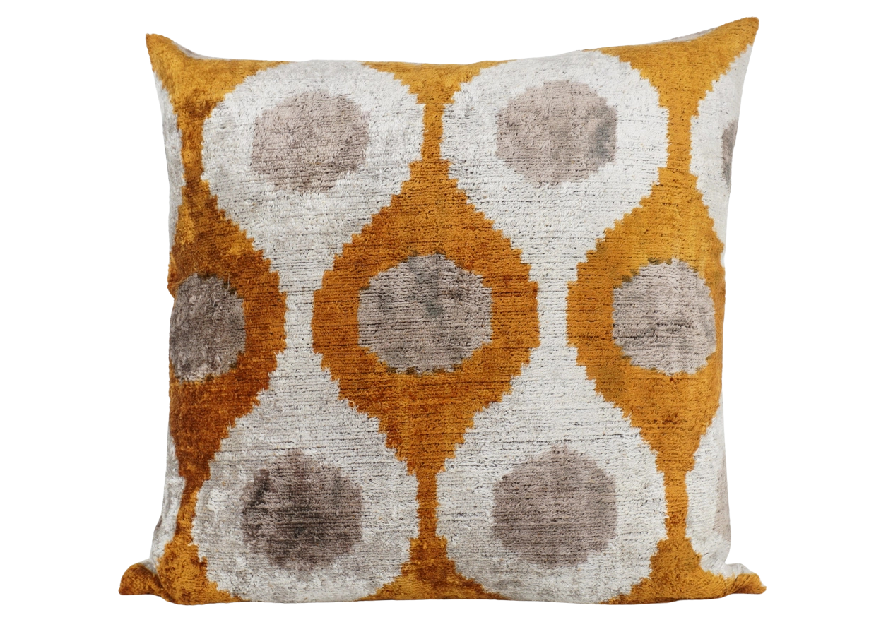 Handmade Ikat Silk Velvet Pillow in Gold Brown, from MD Home