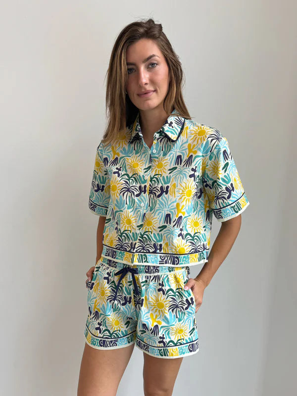 Cotton Printed Camp Shirt in Blue, from Jocelyn