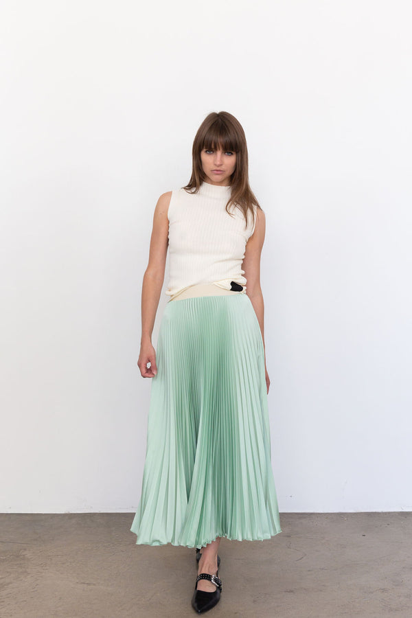 2601 Classic Satin Midi Skirt in Pistachio, from Loyd Ford