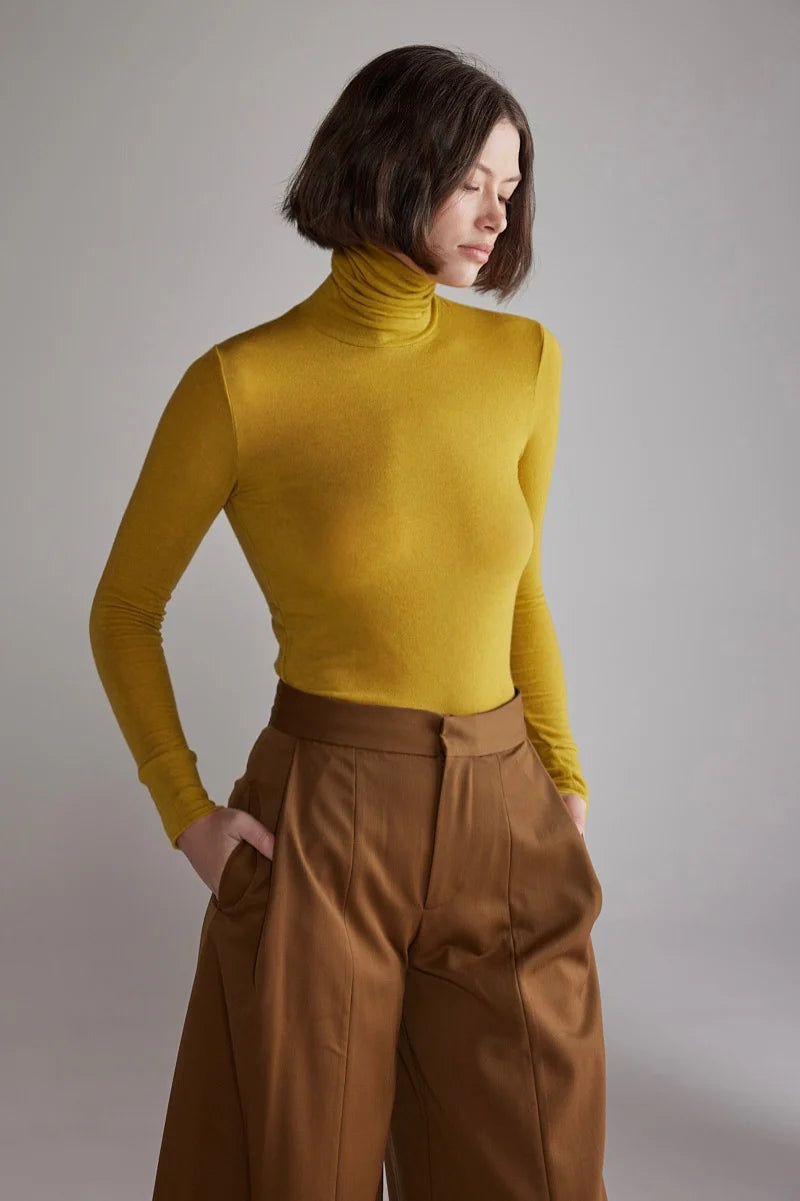 Wool Blend Lightweight Turtleneck in Mustard, from Amente