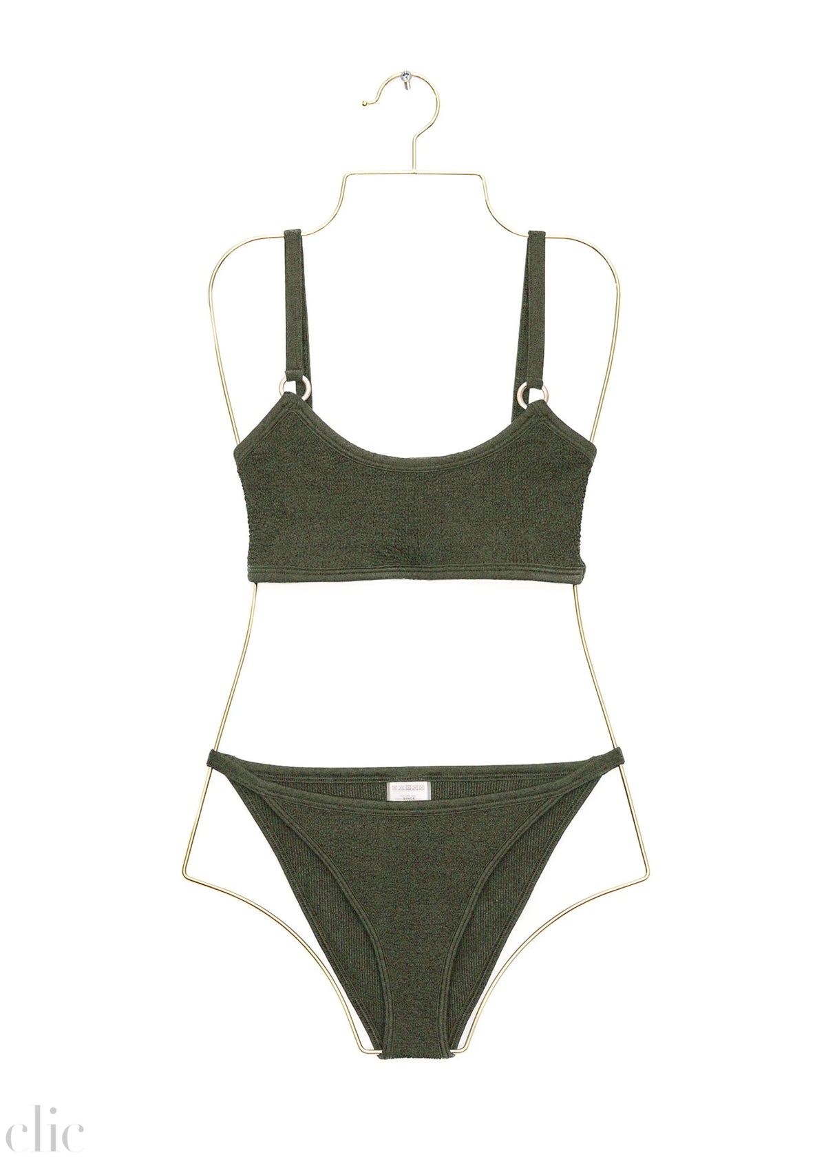 Iris Bikini with Gold Hoops in Metallic Khaki, from Hunza G