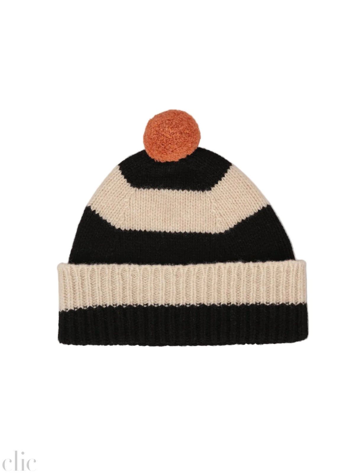Stripe Pompom Hat in Black and Oatmeal, from Jo Gordon