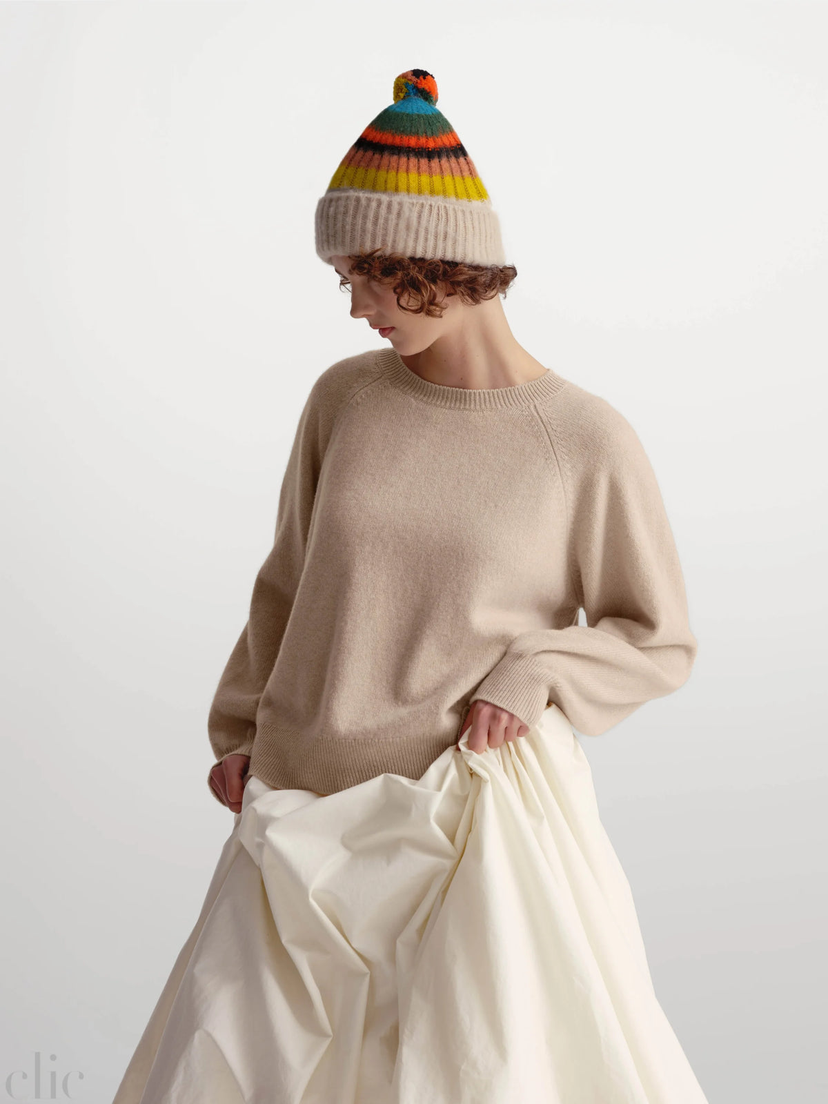 Brushed Multicolour Pompom Hat in Oatmeal, from Jo Gordon