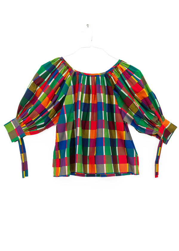 Juli Puff Sleeve Top in Rainbow Grid, from Nikki Chasin