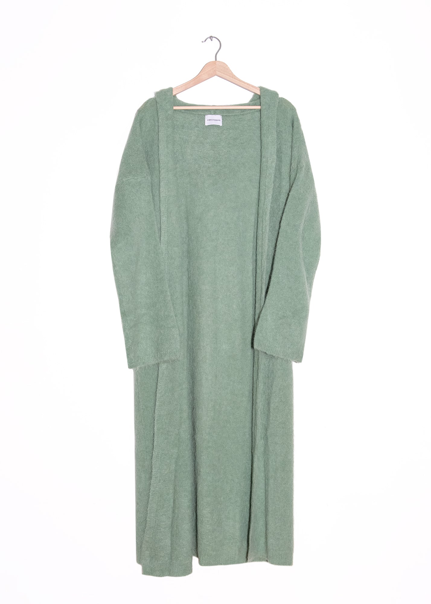 June Long Alpaca Cardigan with Hood in Dusty Green, from American Dreams