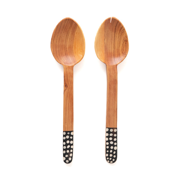 Kenyan Wild Olive Wood & Polka Dot Cow Bone Flat Handle Servers, from Swahili African Modern