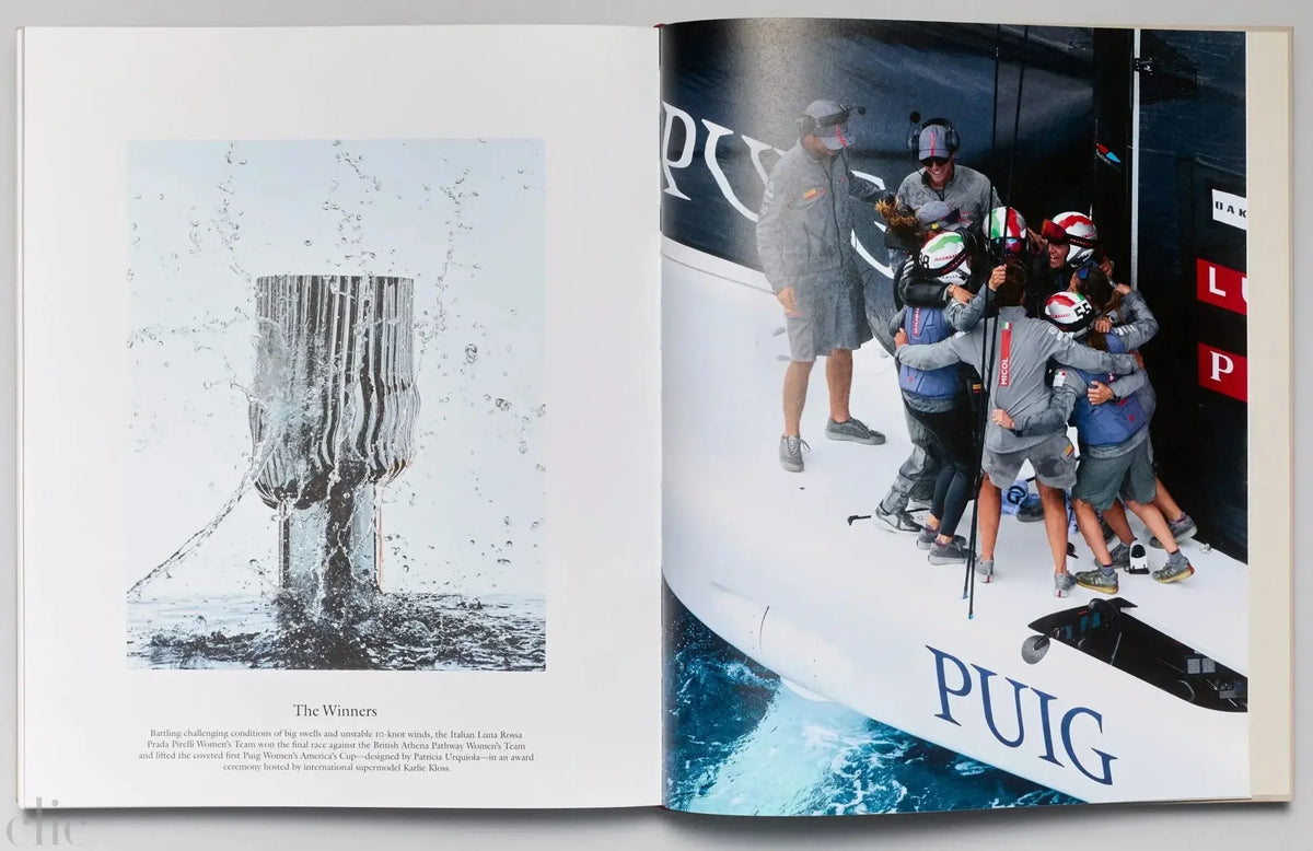 Open book showing two pages with images of people and text, on a gray background.