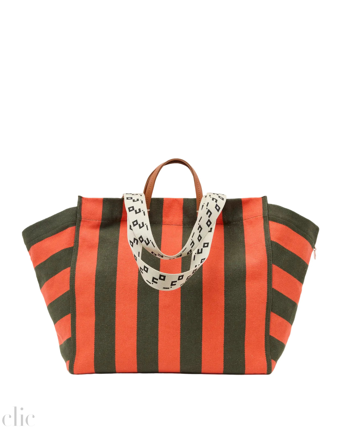 La Côte Tote in Army and Bright Poppy Canvas Stripe, from Clare V