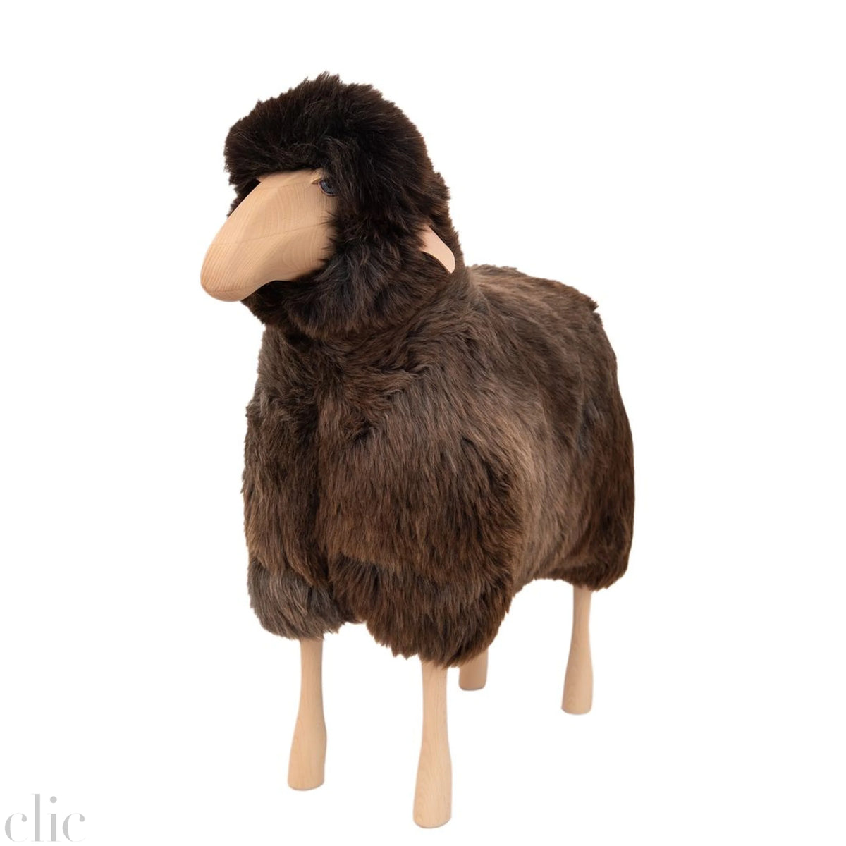 Large Sheep Stool in Brown Grey Fur and Beech Wood