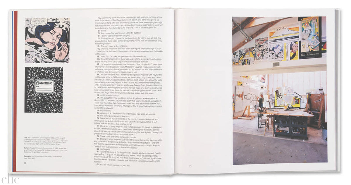 Open book showing text and a photograph of an art studio.