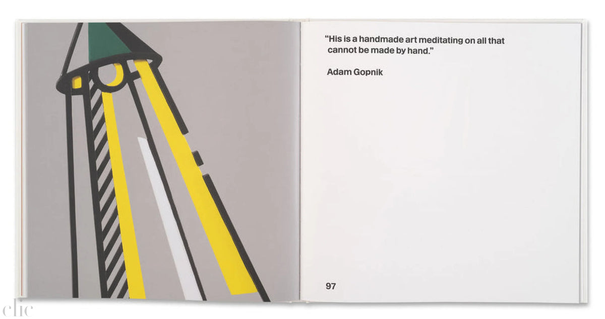 Book page with abstract art illustration and text on a gray background