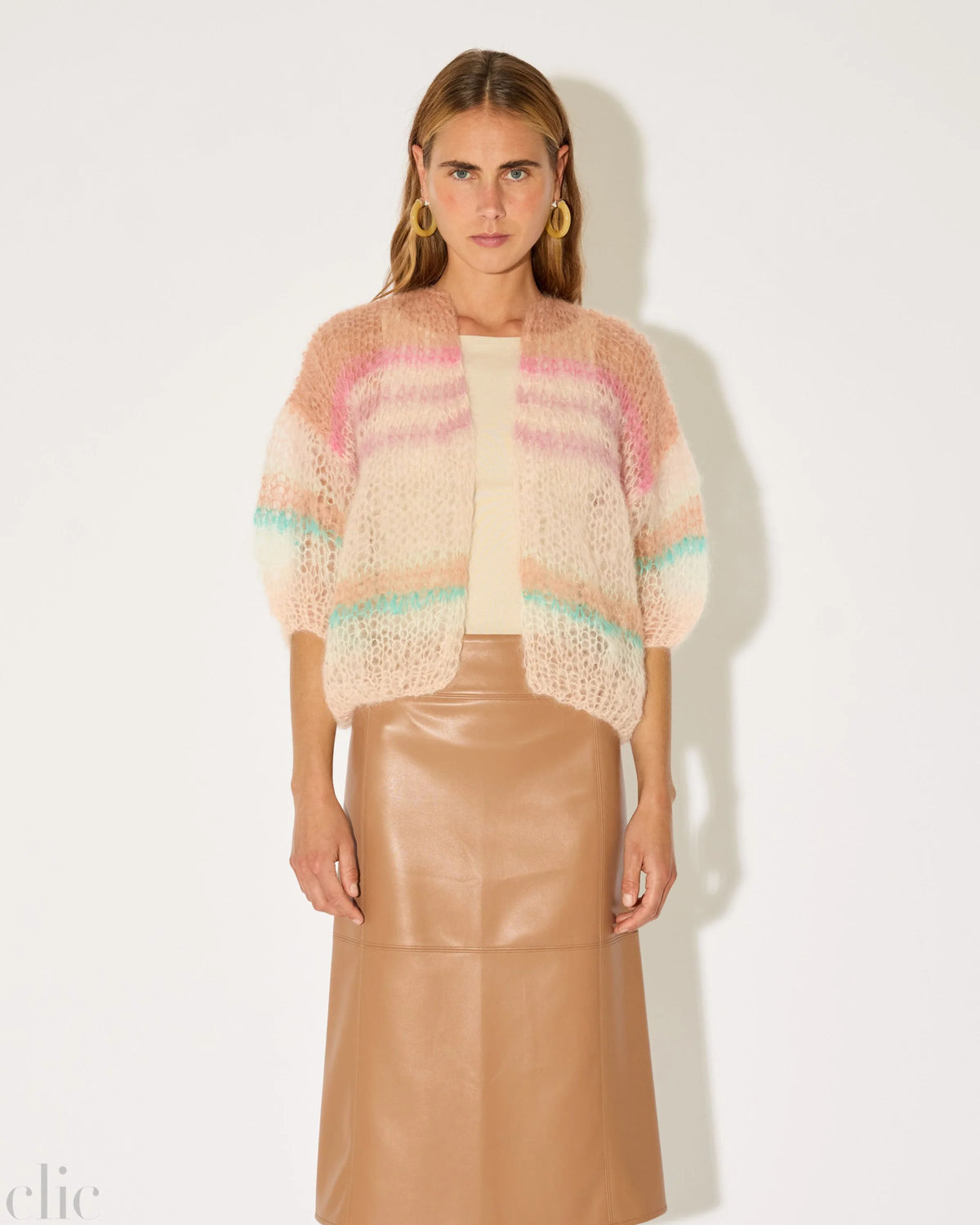 Short Sleeve Light Mohair Bomber Cardigan in Pastel Stripes, from Maiami