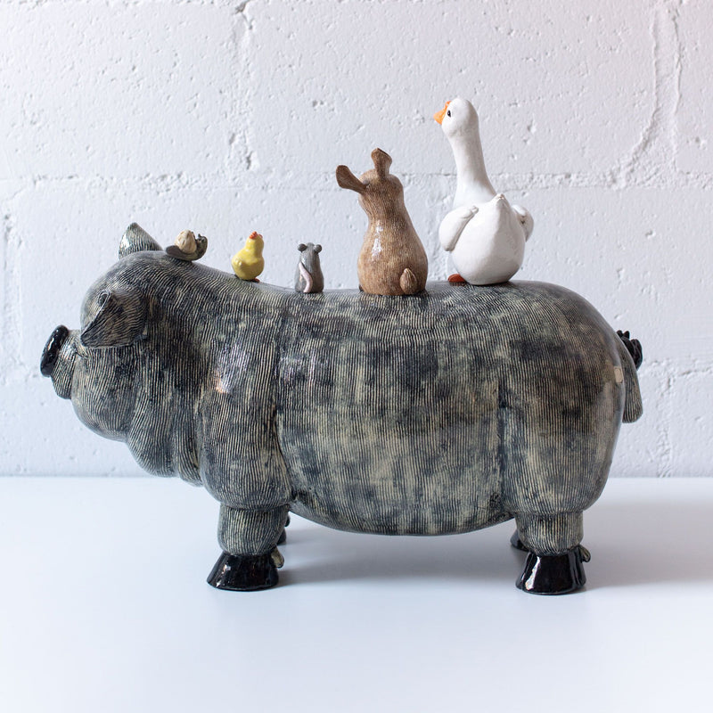 Black Pig with Goose, Rabbit, Chick and Mouse, from Valérie Courtet