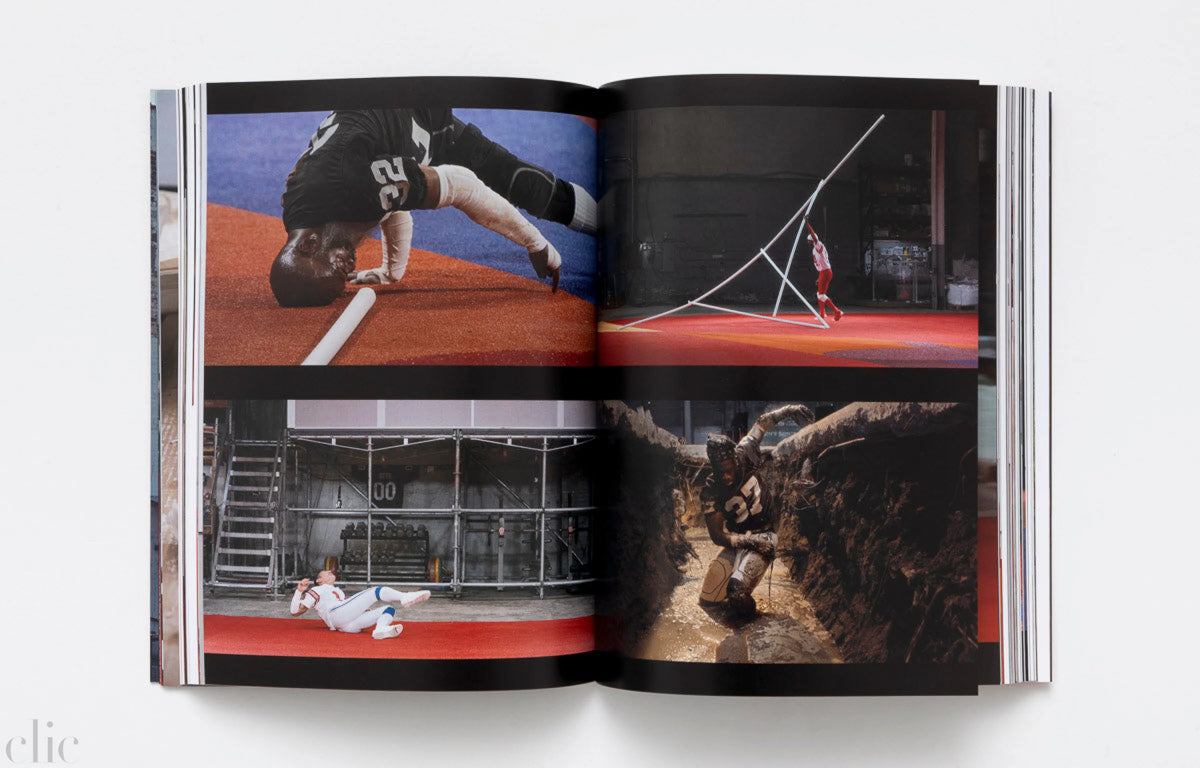 Open book showing images of athletes in action.