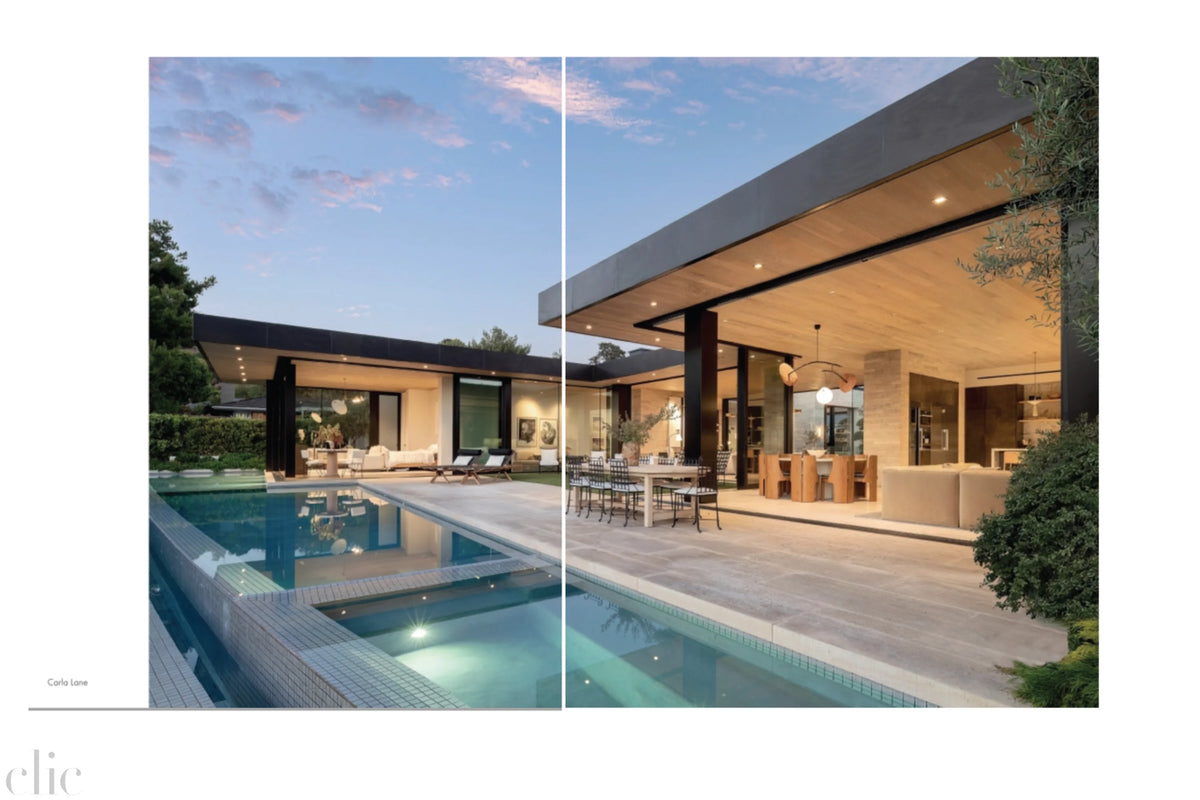 Modern house with pool and outdoor furniture on a clear day