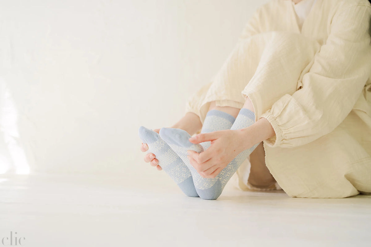Cotton Linen Jacquard Socks in Pale Blue, from Memeri