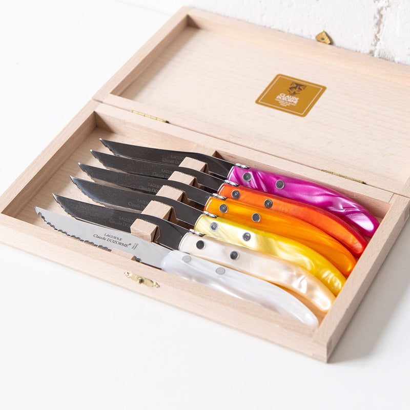 Berlingot set of 6 Steak Knives in Pink and Orange, from Claude Dozorme