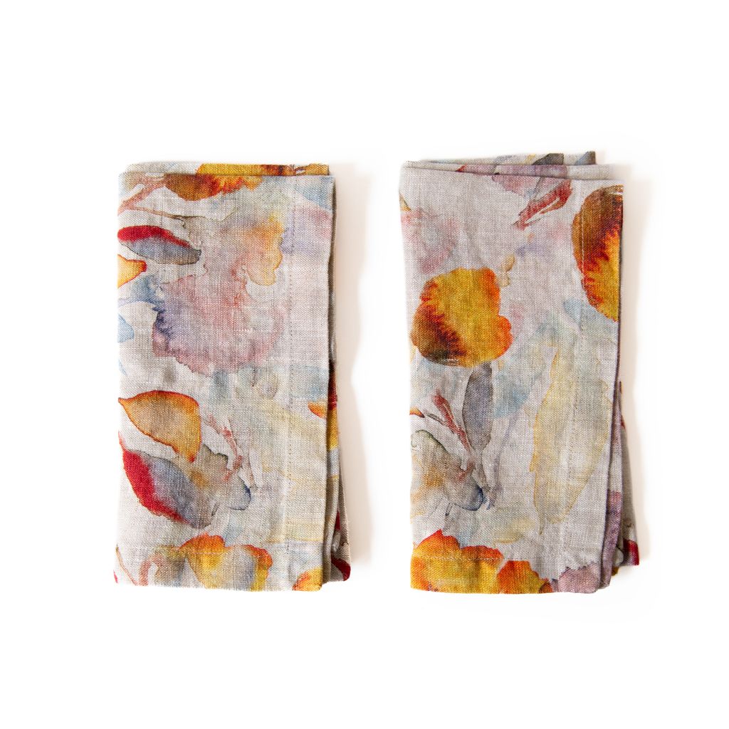 Orange Flow On Natural Linen Napkins Set of 2 in from Linen Tales