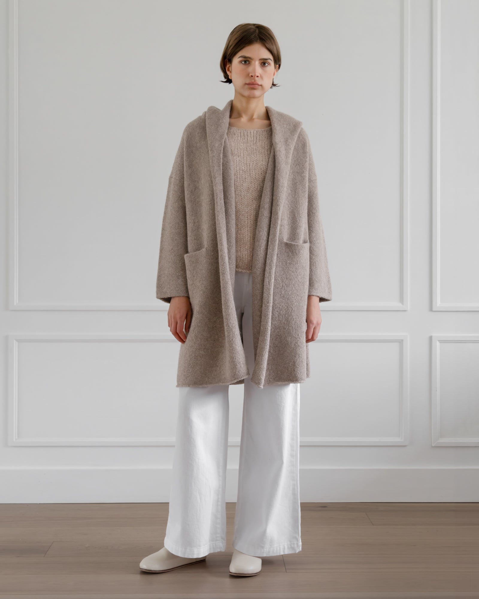 【ランプアイ】 Opera Coat Taupe Theodora Hooded Toscana Sheepskin Coat | Overland