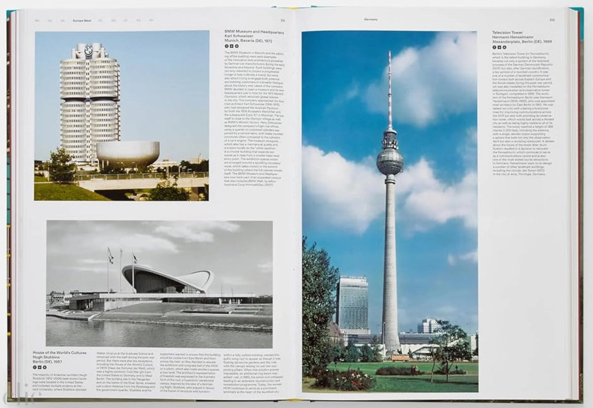 Open book showing images of architectural landmarks with text on a white background