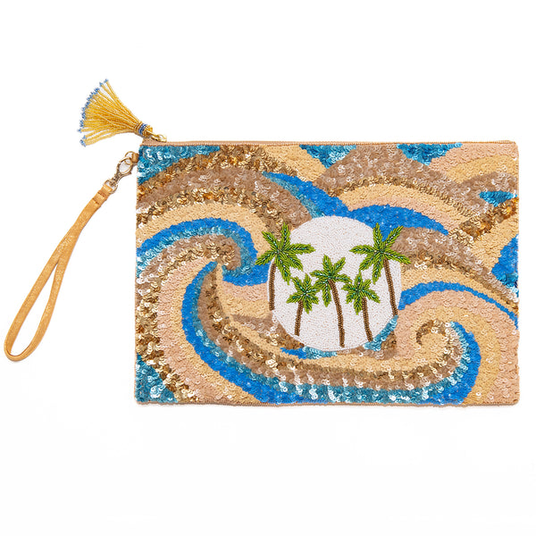 Palm Tree Sequins Pouch in Beige, from Olivia Dar